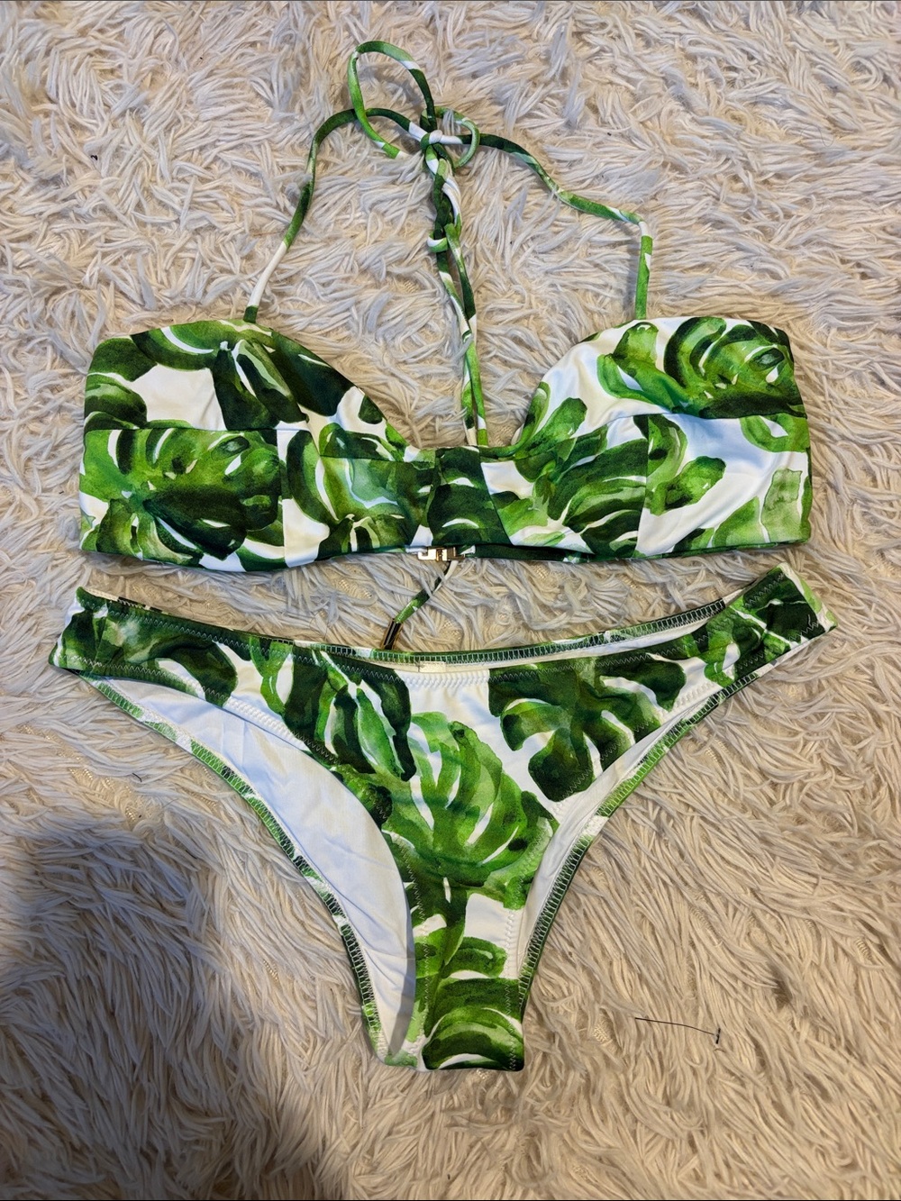 Caroline Constas Green Leaf Print Bikini Set